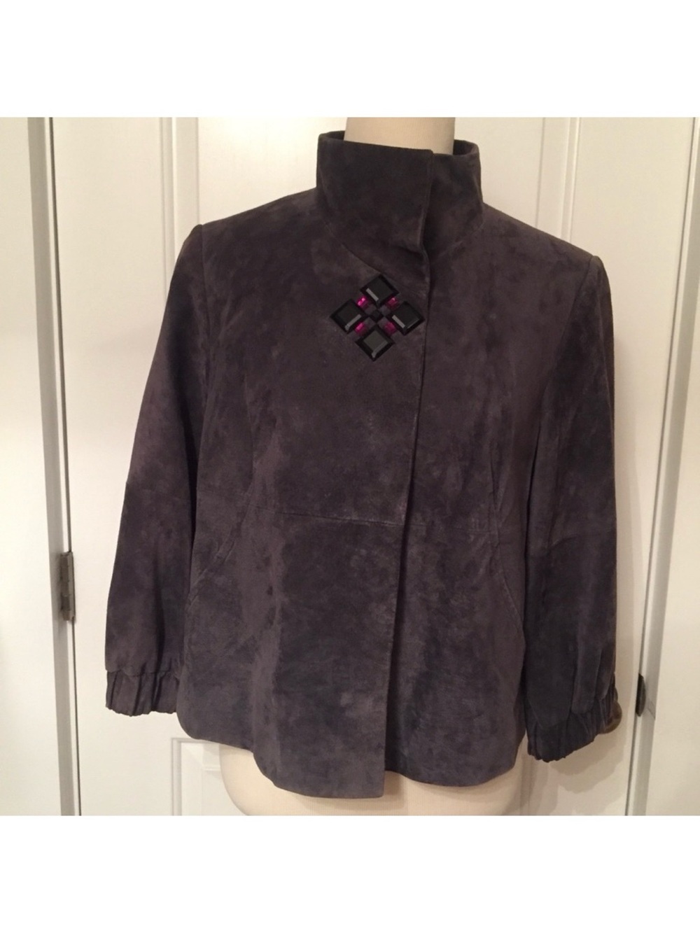 WORTH JACKET PURPLE SUEDE LEATHER BEADS 3/4 SLEEVE Size M MEDIUM